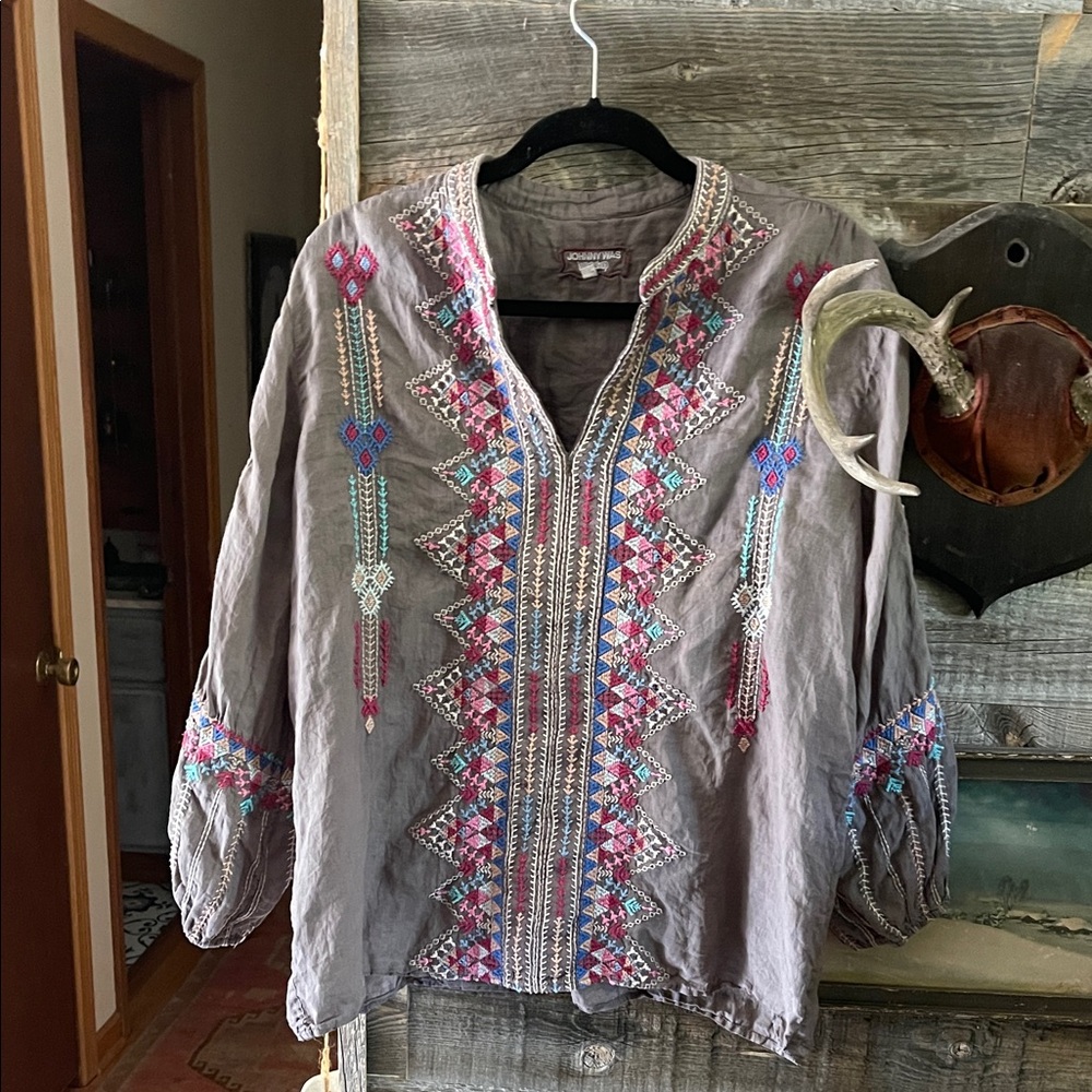 Johnny Was Gray and Red Embroidered Top